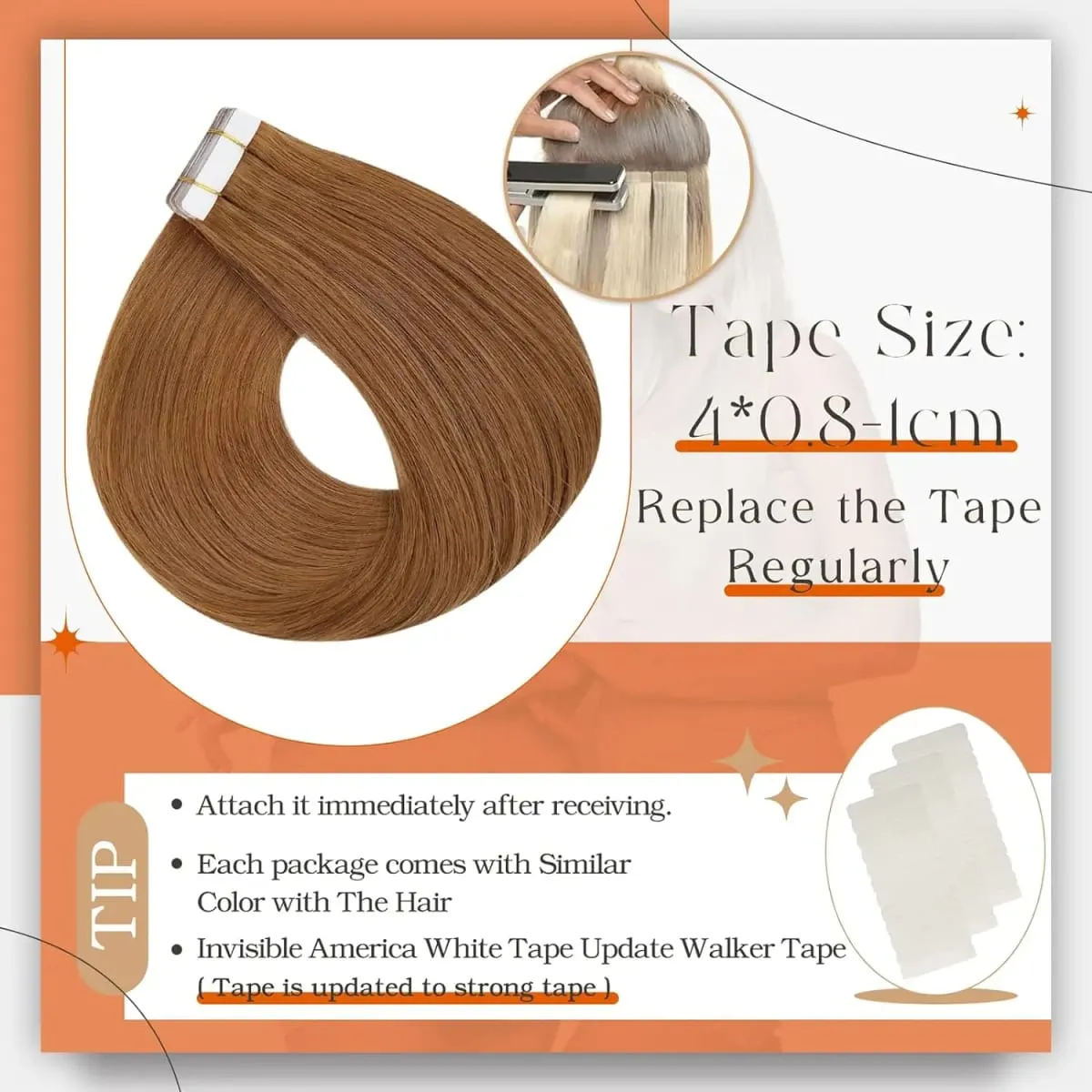 Full Shine Tape in Human Hair Extensions Invisible Straight Double Sided #330Copper Comfortable Silky Natural Tape ins For Women