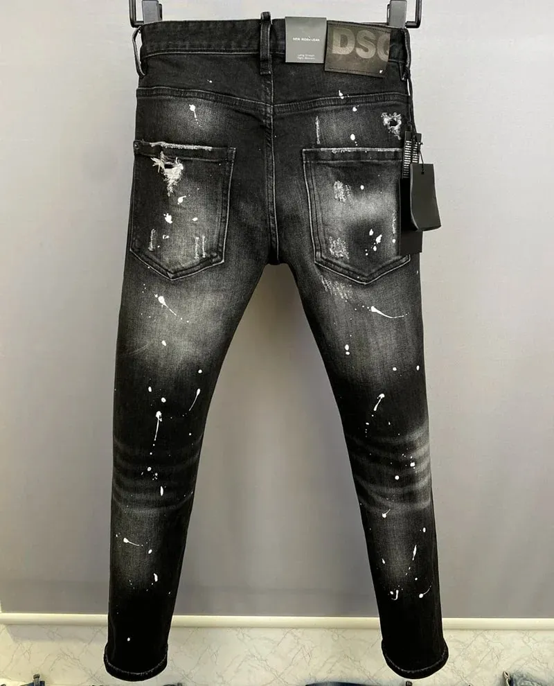 D2 Hombres Jeans Pantalones De Mezclilla Agujero Slim Lápiz Pantalones Botones De Metal Clásicos De Fiesta Moda Negro DSQ2 JENAS