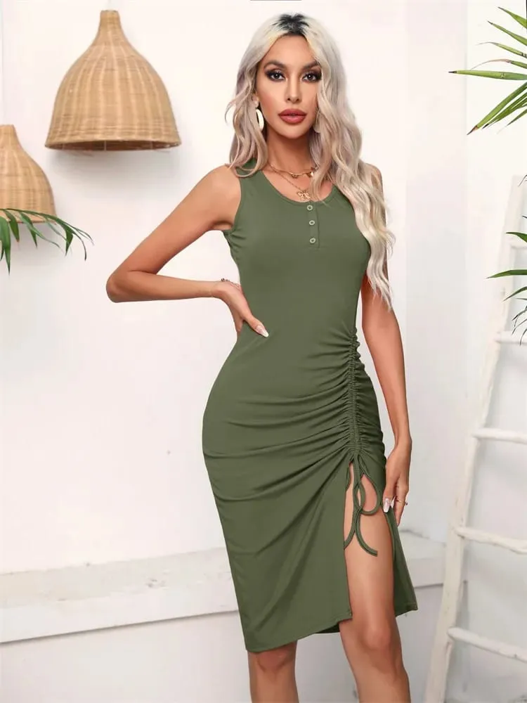 Women Spring Summer Style Dress Lady Casual High Elastic Sleeveless Solid Color Split Sheath Dress DF5011