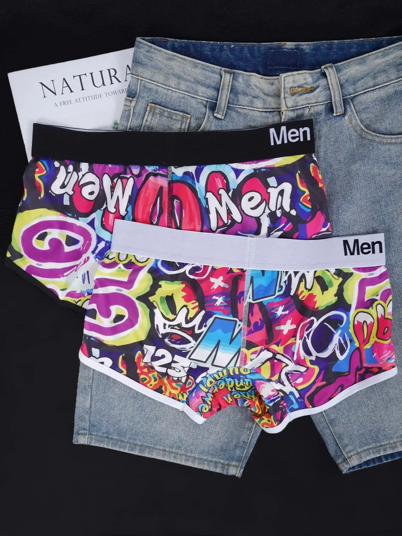 1- 4PCS Men's Cotton Nylon Blend Boxer Briefs All-Over Graffiti Print Wide Elastic Waistband Non-Tight Fashion Sport Underwear