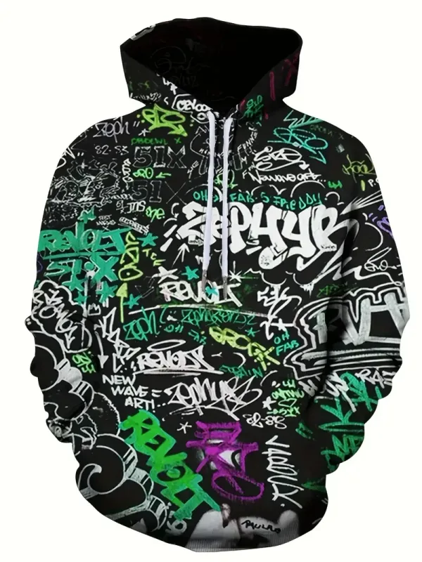 2024 ใหม่ผู้ชายทาสีGraffiti Flowพิมพ์Hoodieสบายๆอินเทรนด์แขนยาวกีฬาTop Streetผู้ชายที่มีสีสันรูปแบบHoodie