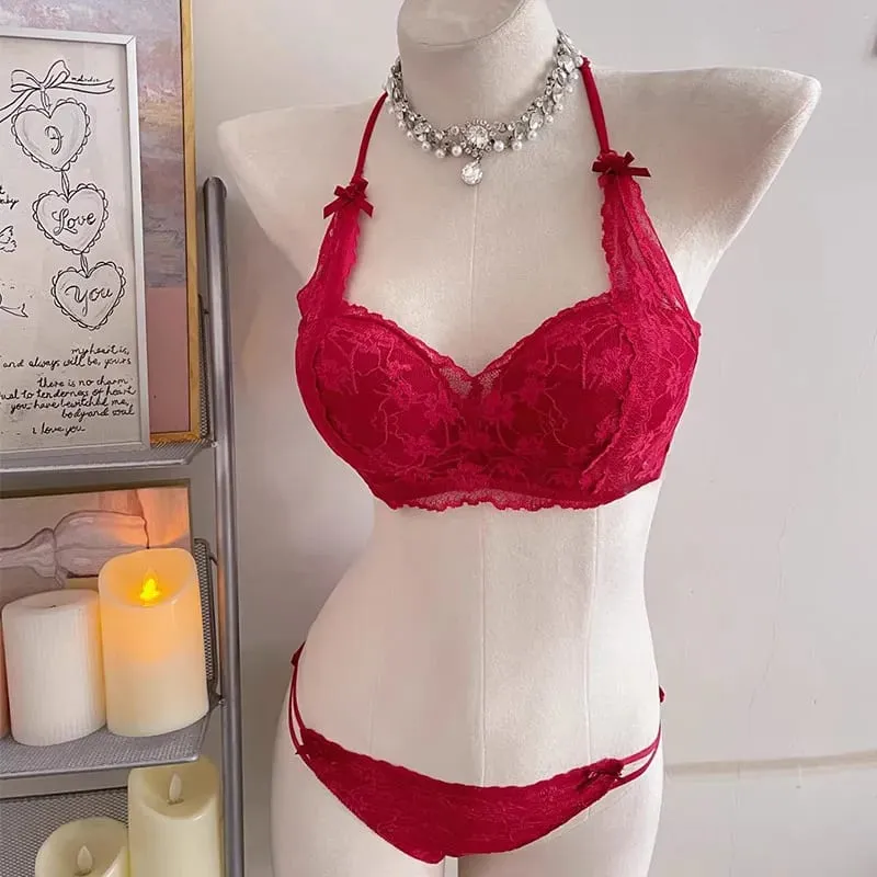 セクシーな BANERDANNI Halter Bow Lace Bra Padded Push Up Wireless No Underwire Soft Innerwear Lingerie Small Bust Daily Comfort Wear`
