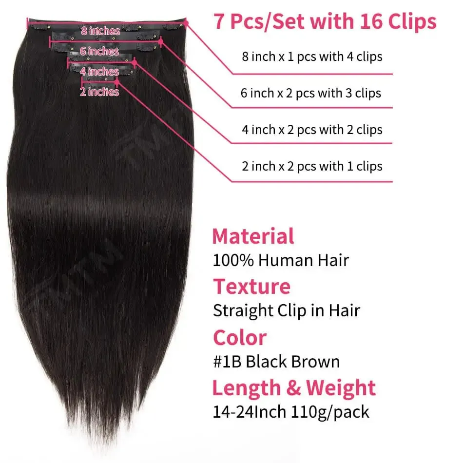 Straight PU Clip Ins Human Hair Extensions Black Brown Color 7 Pcs 110g/Set Seamless Invisible PU Weft For Women 100% Human Hair