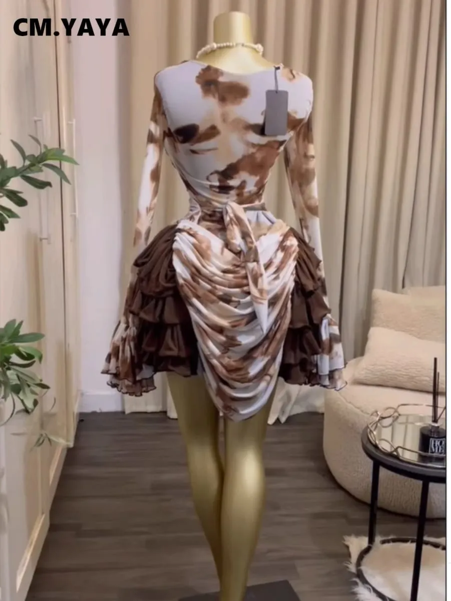 CM.YAYA Donna Tie Dye Stampa Cascata Ruffles Campana Manica lunga Aderente Increspato Drappeggiato Abito con scollo a V Vacanza al mare Abiti da vacanza