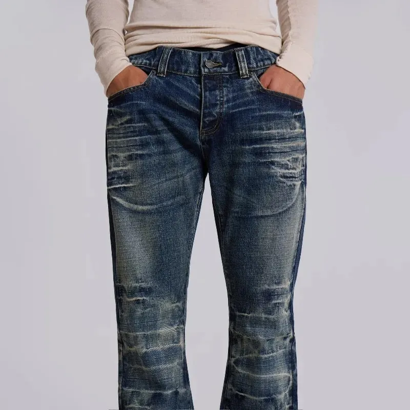 Y2K Vintage Flared Jeans Mid Blue Washed Men Women Bootcut Jeans American Hip Hop Distressed Streetwear Unisex Wide Leg Pants