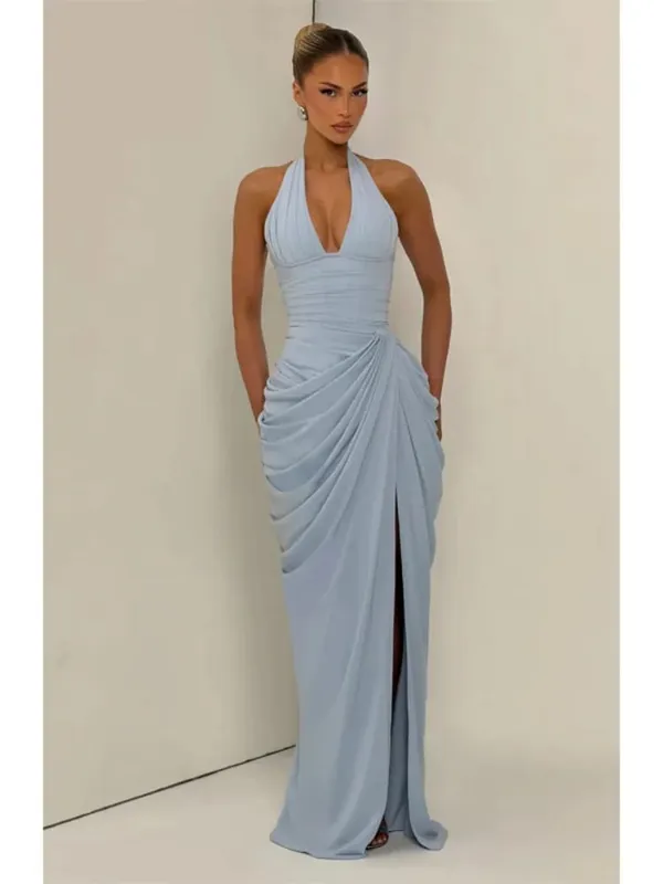 Women Fashion Solid Pleated Halter Dress Waist-cinching Sleeveless Backless Split Maxi Dresses 2026 Sexy Summer Lady Party Gowns