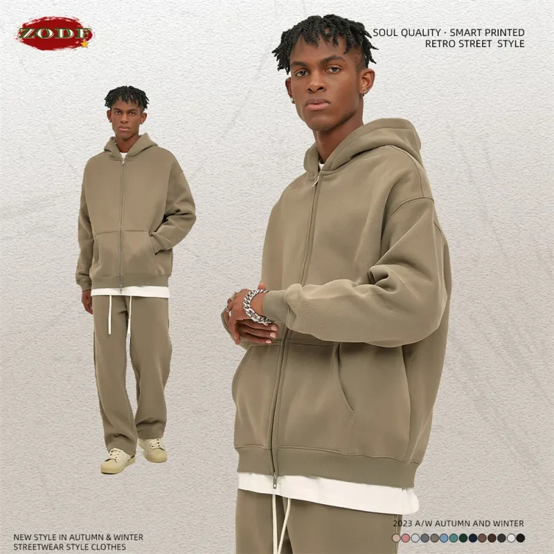 New Men Double Headed Zipper Fleece Hoodies Unisex Loose Basic Solid Warm Hooded Sweatshirts Coats For Winter HY0633