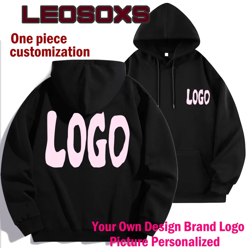 Logo Tersuai DIY Sweatshirt Bertudung Hitam Kapas Tulen Pullover Lengan Panjang Atasan Kasual untuk Lelaki Dan Wanita Fesyen Musim Sejuk Musim Gugur
