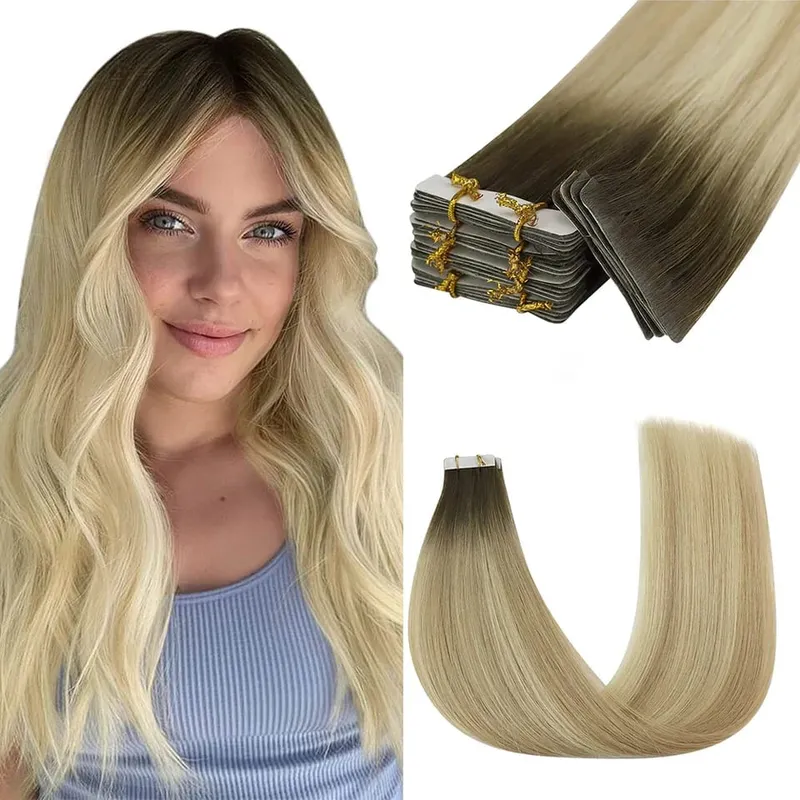 Moresoo Injection Tape Hair Extensions Ash Blonde Highlight Virgin Hair Natural Straight Brazilian Tape in Human Hair Extension