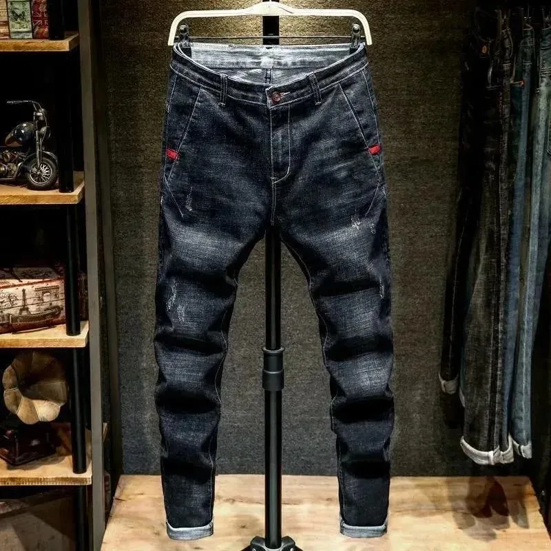 Spring and Autumn Trend Solid Color Straight Leg Stretch Denim Jeans Men's Casual Slim Fit Comfortable Sports High-Grade Jeans