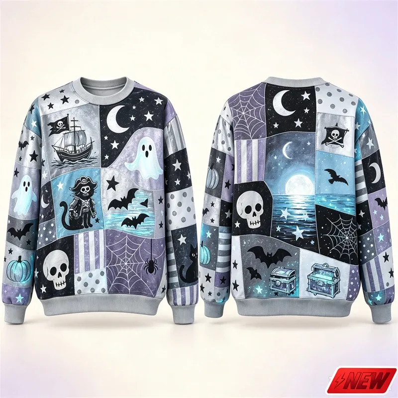 Halloween Splicing Patterns Sweatshirt Herr 3D Print Pumpa Cat Långärmad Pullover Hoodie Quick Dry Holiday Costume Top Unisex