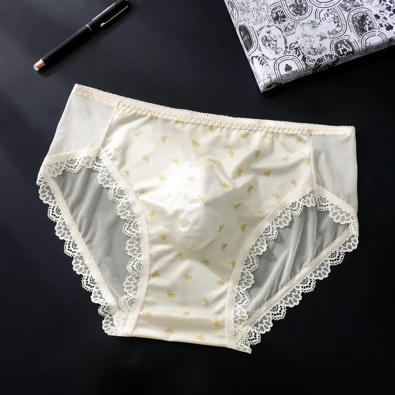 대형 망 시시 새틴 팬티 섹시한 가리비 레이스 쉬어 브리프 광택 란제리 중반 라이즈 레이스 보우 U 볼록한 주머니 언더 팬츠