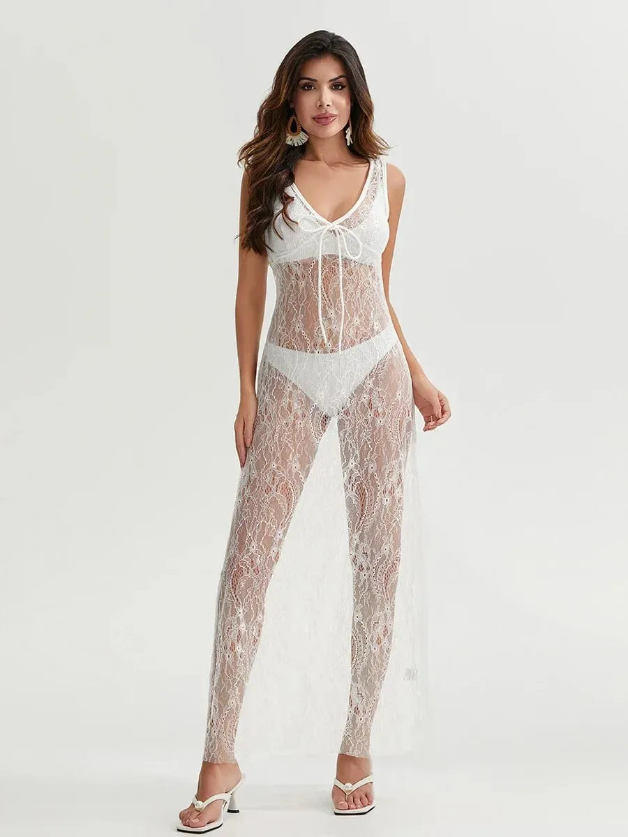 y2k Tøj Kvinders Sexet Gennemsigtig Blonde Blomster Ren Tank Kjole Sommer Ærmeløs V-hals Cover-up Lang Kjole Streetwear