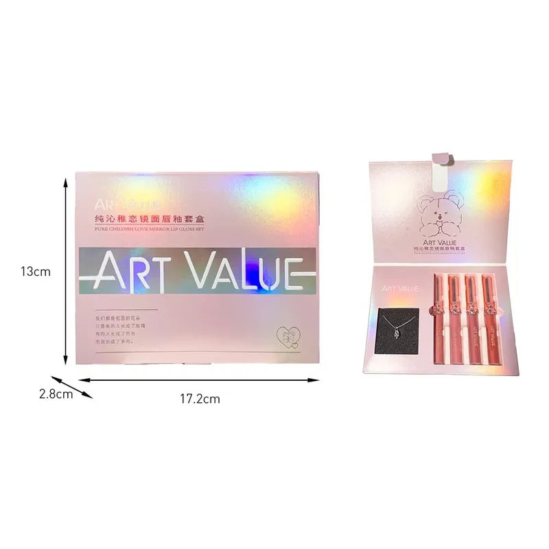 ART VALUE 4Pcs Lipgloss Liquid Lipstick Lasting Moisturizing Makeup Mirror Lip Glaze Set With Necklace Lip Tint Beauty Makeup — image 7