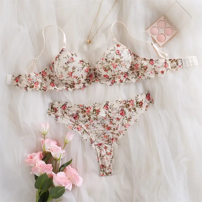 Krasapt francês flor bordado lingerie 2 peças conjuntos de renda extravagante retalhos ver através de sutiãs e calcinhas ternos sexy roupas eróticas