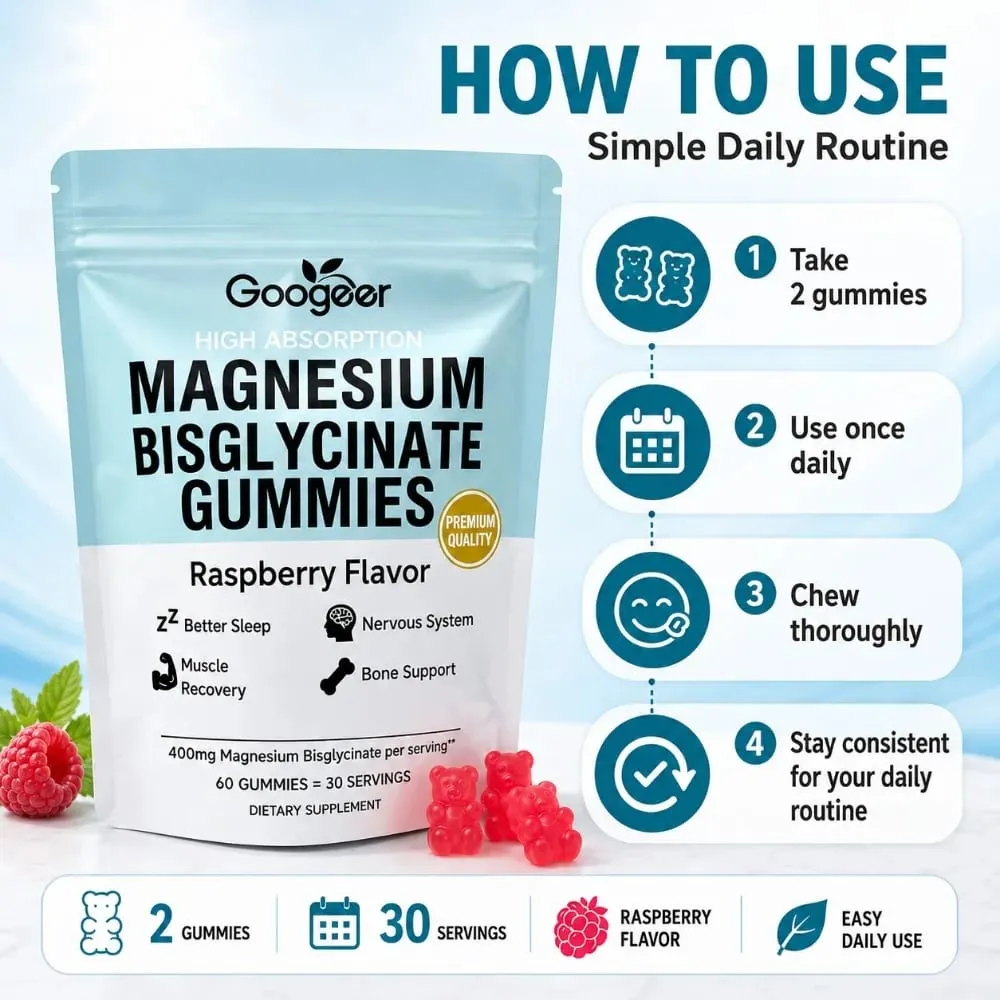 Magnesium Bisglycinate Gummies Raspberry Flavor 400mg Magnesium Vitamin D3 Zinc High Absorption 60 Count Daily Supplement