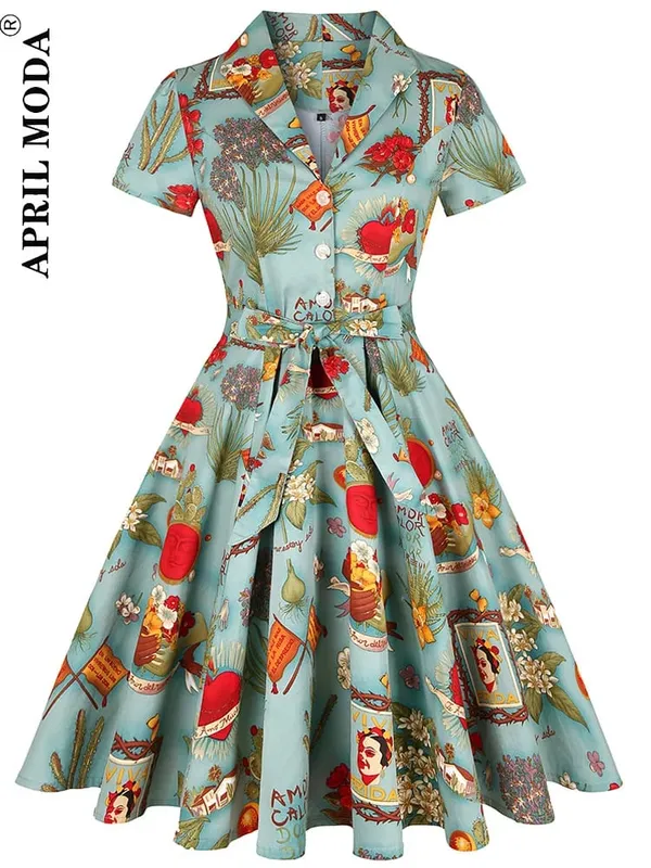 2026 Robe De Cocktail Pinup Rockabilly Dress Midi Cotton Tunic Jurken Causal Vintage 60s 1950s Big Swing Summer Party Sundress