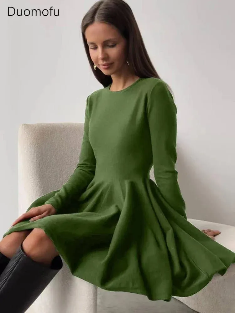 Duomofu Knit Mini Dresses Women Autumn Winter Long Sleeve Sweater Dress Female Elegant Fashion Slim A Line Pleated Dress Vestido
