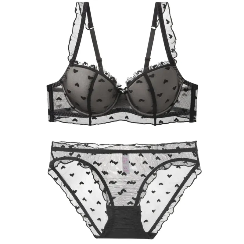 Thin Soft Underwire Anti-sagging Large Breasts Show Small Text Bra Set Fat Mm Large Size D Cup Lace Sexy Underwear Women