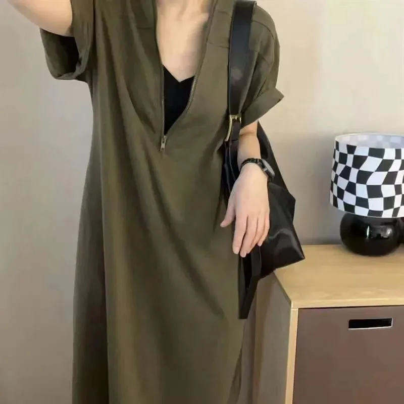 New Women Loose Zip-up Dress Girl Student Plus-size Slimming Long Dress Woman Casual Dress Lady Vacation Commuting Everyday Wear