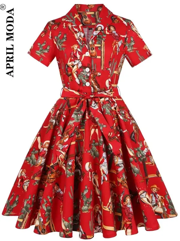 2026 Robe De Cocktail Pinup Rockabilly Dress Midi Cotton Tunic Jurken Causal Vintage 60s 1950s Big Swing Summer Party Sundress