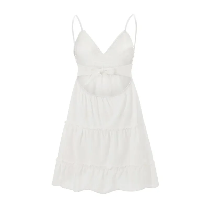 Summer Spaghetti Strap Dress Women Boho Embroidery Waisted Short Dresses Ladies A Line Backless Ruffled Lace Up Sling Dress