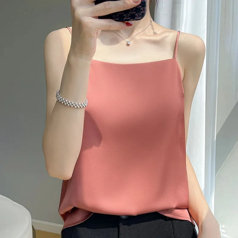 Silk Satin One-Shoulder Sexy Strap Vest Women's Sleeveless Suit Inner Wear Base Shirt Backless Commute Style Pure Color Summer