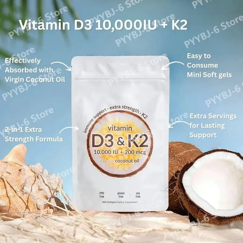 Vitamin D3 & K2 Supplement 10 000 IU Supports Overall Health & Bone Health Non-GMO Gluten Free 300 Softgels for Adult