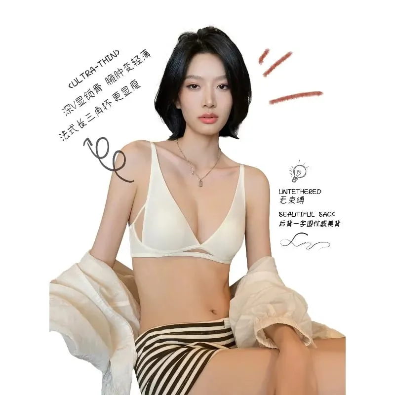 French Triangle Bra Rabbit Ear Cup Deep V Wireless Bralette for Small Bust No Gap Sexy Lingerie Set Breathable Summer Thin