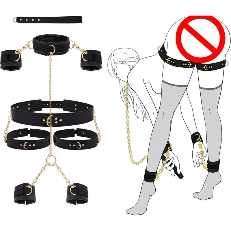 Sex Bondage BDSM Kit Restraints Neck to Wrist SM Adjustable Handcuffs Ankle Thigh Cuff Cross Waist Strap Traction Chain Collar — image 8