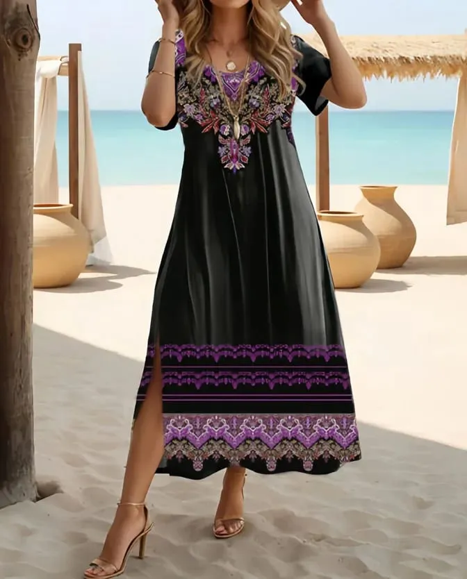 Ethnic Bohemian floral print casual vacation short-sleeved large-size dress — image 3