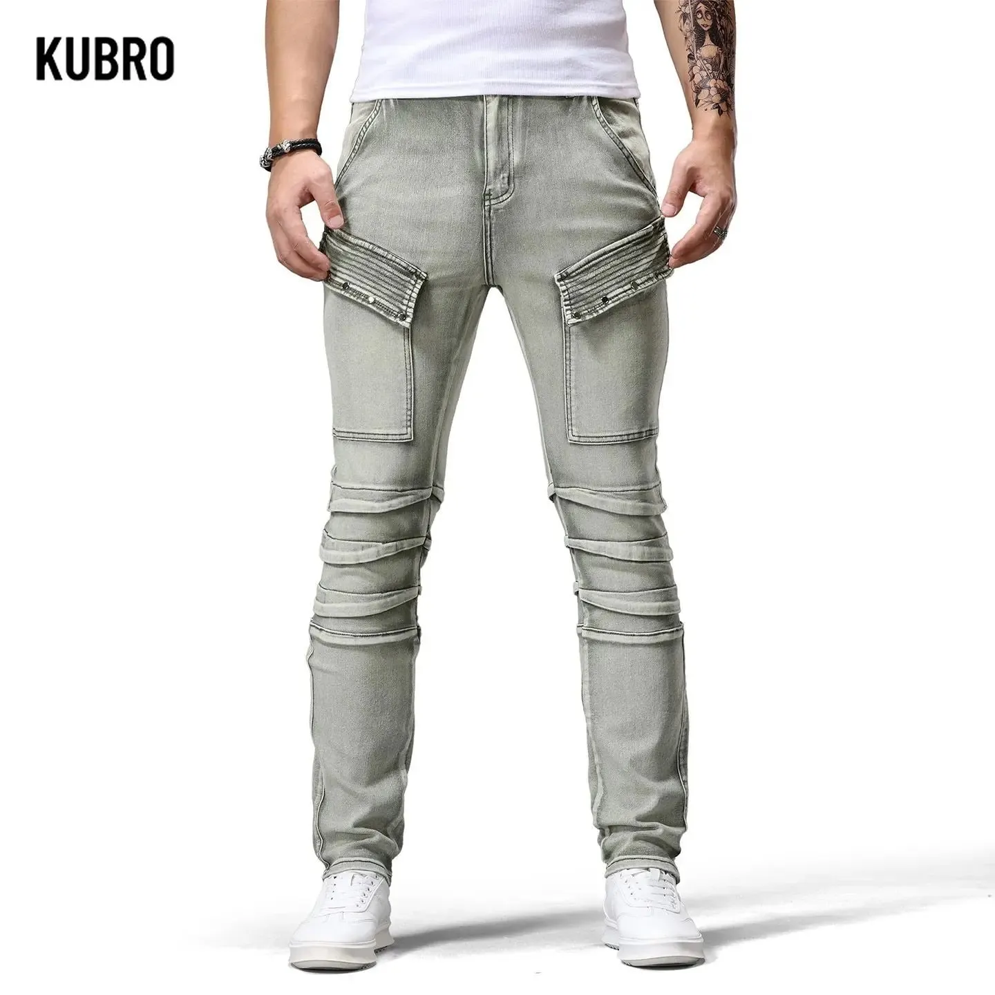 Retro Motorcycle Denim Jeans Men's Trending Patchwork Handsome Slim Fit Long Pants Fashion Board Straight Leg Jeans Denim Pants