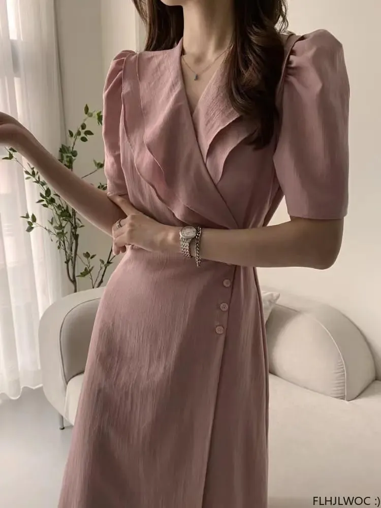 South Korea Chic Midi Dress Women Summer Japan Style Retro Vintage Design Ruffles Pink One-Piece Lace-Up Dress FLHJLWOC Vestidos — image 5