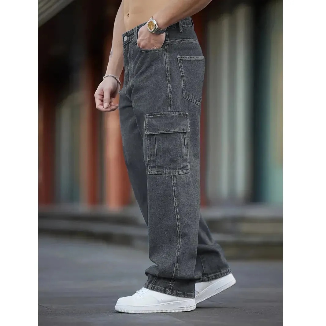 2026 New Arrival Men Cargo Jeans Multi‑Pocket Loose Wide Leg Straight Denim Pants HipHop Street Workwear Trousers