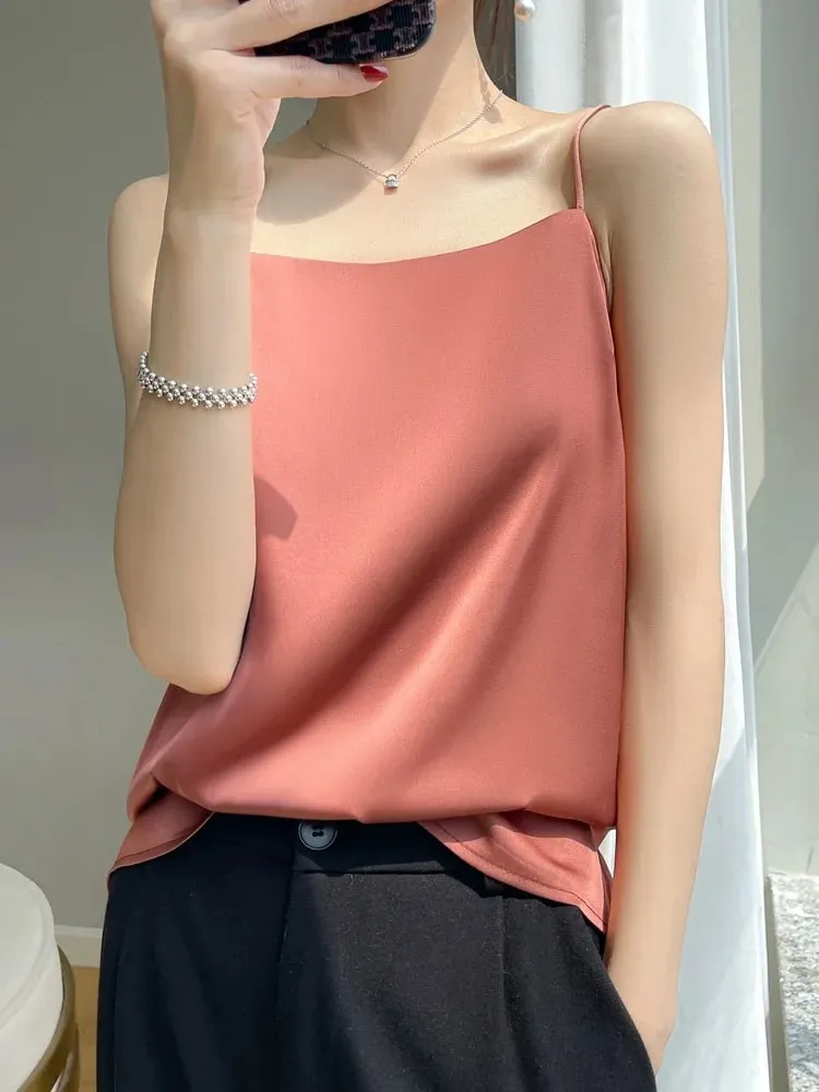 Silk Satin One-Shoulder Sexy Strap Vest Women's Sleeveless Suit Inner Wear Base Shirt Backless Commute Style Pure Color Summer