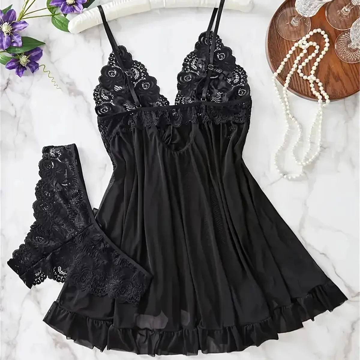New Blue Contrast Lace Ruffle Trim Lingerie Set Deep V Dress And Thong Women's Sexy Sleepwear Underwear Hollow Bra Panty Sling