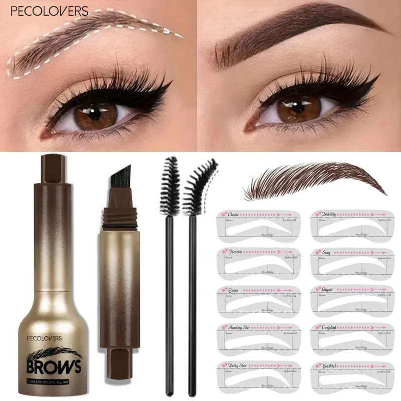Professional 4 Pcs Eyebrow Products Makeup Set - Eyebrow Stamp & Eyebrow Powder & Small Brush Fill The Shapes of Eyebrow