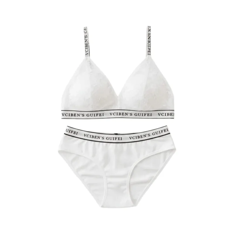 Comfortable Letter Design Lingerie Set Lace Wireless Women Underwear Suit Deep V Color Blocking Bra Panties Set Women
