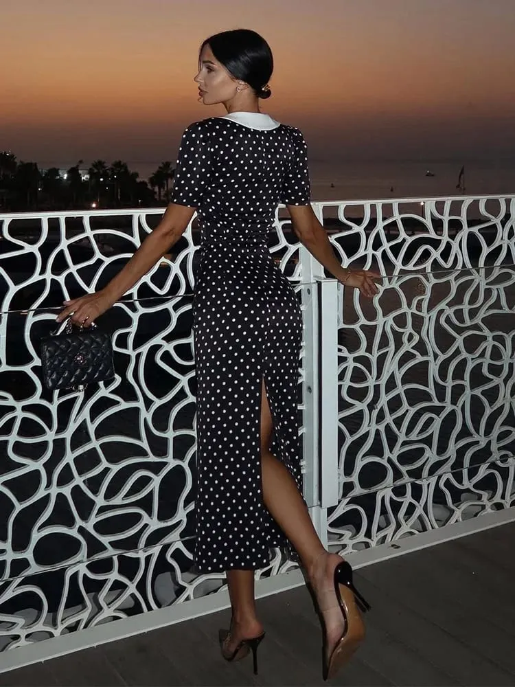 Dot พิมพ์ชุดผู้หญิงแฟชั่นเซ็กซี่ Streetwear แขนสั้นเปิดลงคอ V คอยาว Vestidos Robes หญิง