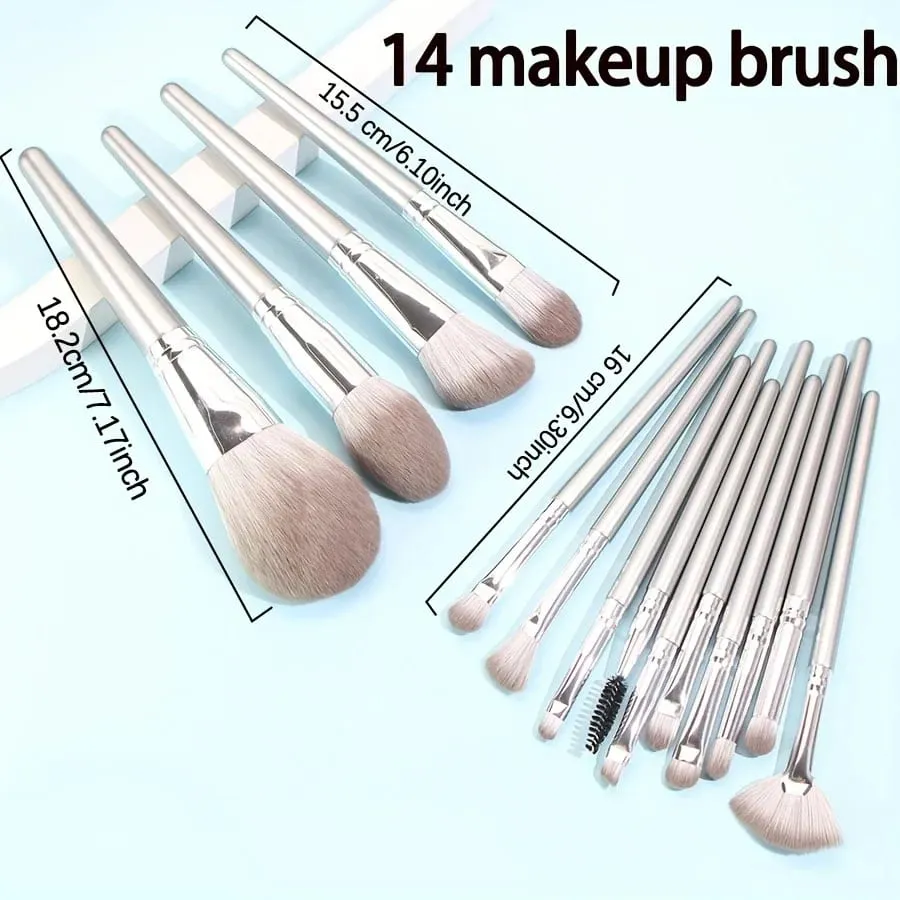 14-Piece Silver Professional Makeup Brush Set | Includes 2 Plush Velvet Puffs + 2 Blending Sponges | Vegan Cruelty-Free Brush Co — image 5