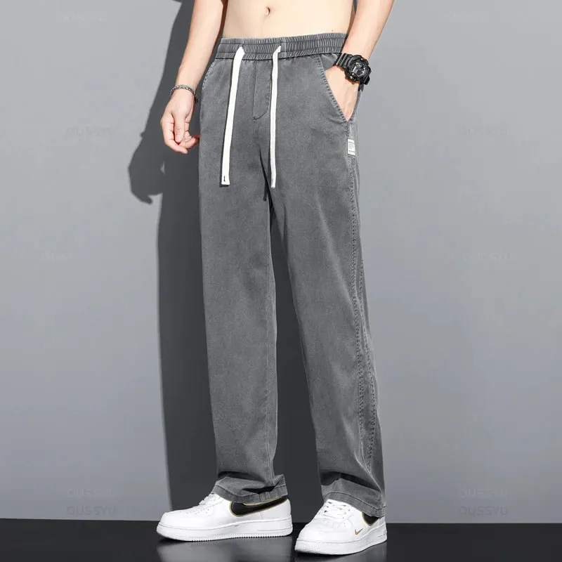 Summer Thin Soft Lyocell Fabric Jeans Men Loose Straight Wide Leg Pants Drawstring Elastic Waist Casual Trousers Plus Size M-5XL — image 12