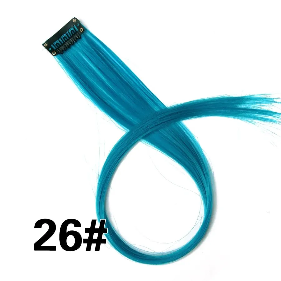 Lige farvet hårstykke Hair Extensions Clip In Highlight Regnbuehår Pink Blå Lilla Syntetisk på klips til kvinder piger — image 32