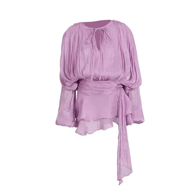 Solid Patchwork Lace Up Blouse Mini Dresses For Women V Neck Long Sleeve Sweet Style Dress Female Clothing Fashion