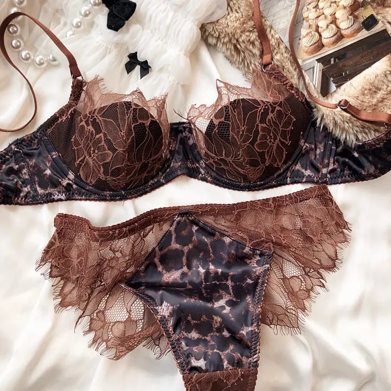 French Sexy Leopard Print Lingerie Set Women Lace Embroidery Push Up Bra Thin Cup Comfort Underwear Plus Size Bra Briefs Set