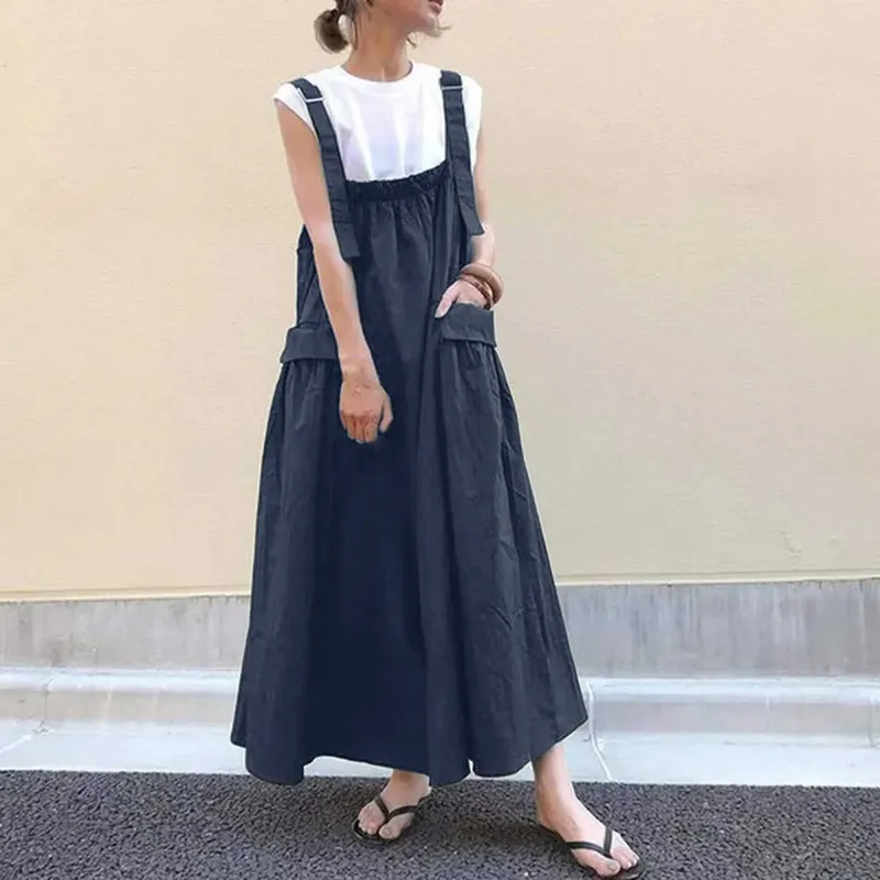 Thời Trang Nữ Suspender Đầm Dây Dài Túi Lớn Và Trên Đầu Gối Túi Dây Midi Váy Đầm Cho Nữ Áo Dây femme