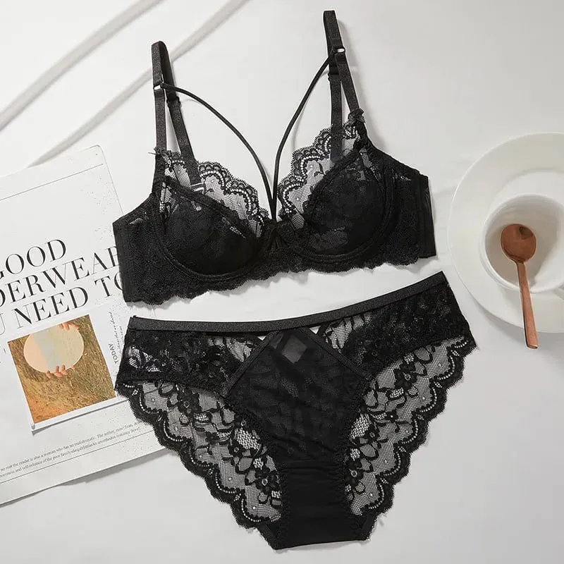 Women's Ultra-Thin Lace Lingerie Set Soft Wire Bra with Push-Up Support Designed to Minimize Bust Appearance and Prevent Sagging