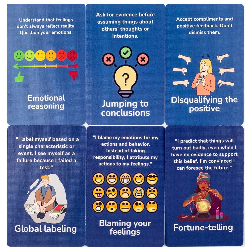 50 Cognitive Distortion Flashcards Identify Thinking Traps Practical Mental Wellness Strategies Emotional Management Board Game
