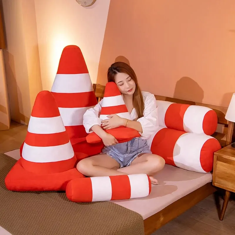 Plush Toy Simulation Traffic Cone Road Construction Cone Sign Roadblock Simulation Toy Set Safety Soft Cushion Pillow