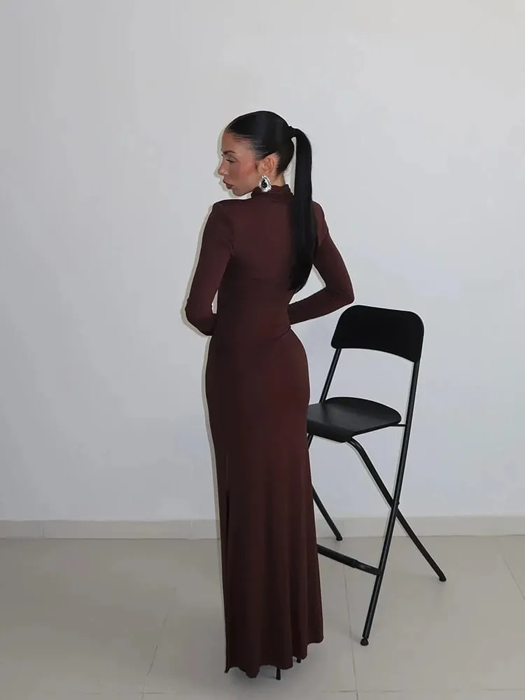 Ahagaga Guaina sexy Abiti maxi da donna Dolcevita solido Maniche lunghe regolari Scava fuori Vestibilità aderente Abiti da festa Vestaglie
