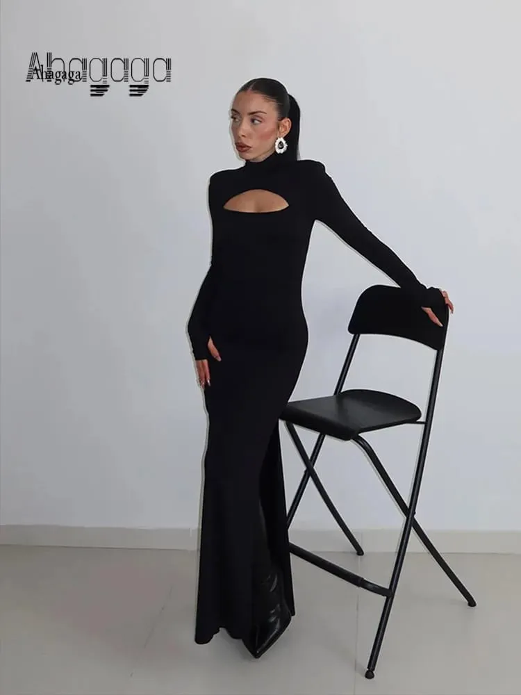 Ahagaga Guaina sexy Abiti maxi da donna Dolcevita solido Maniche lunghe regolari Scava fuori Vestibilità aderente Abiti da festa Vestaglie
